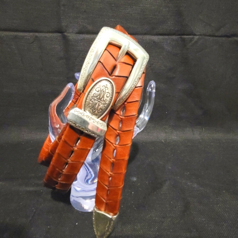Brighton Braided Leather Belt in Burnt Orange with Silver Buckle